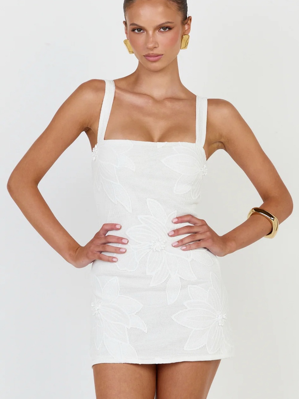 Showpo White Square Neck Floral Applique Mini Dress